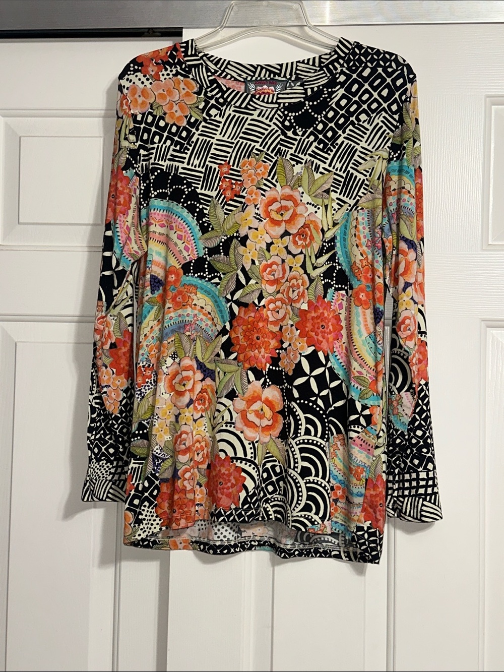 Johnny Was Black Multicolor Floral & Geometric Long-Sleeve Top